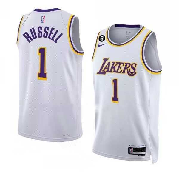 Mens Los Angeles Lakers #1 DAngelo Russell 2022-23 White With NO.6 Patch Association Edition Swingman Stitched Basketball Jersey Dzhi->los angeles lakers->NBA Jersey